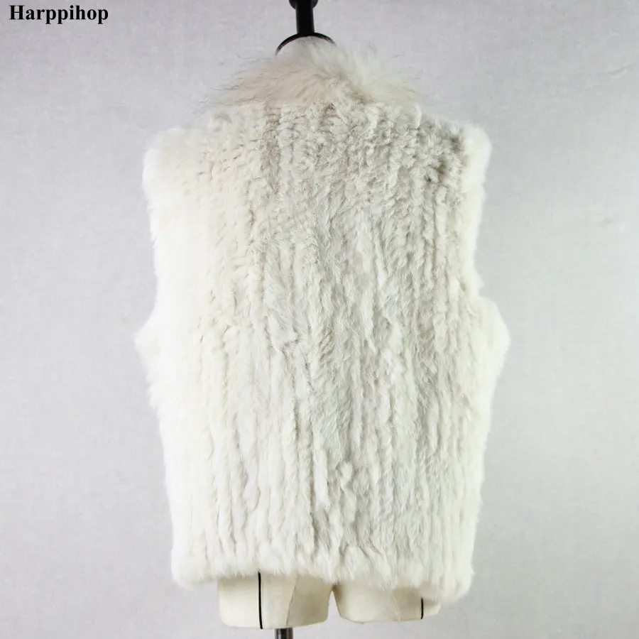 Harppihop veste natural coelho real,, colete de pele com gola de guaxinim colete/casacos coelho malha inverno