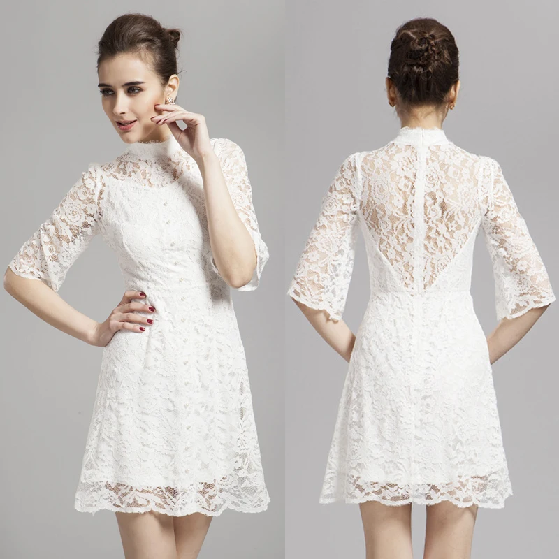 B0028 New High Neck Lace Button Two-piece Half Sleeves Short Evening Homecoming Prom Ball Women White Mini Dresses