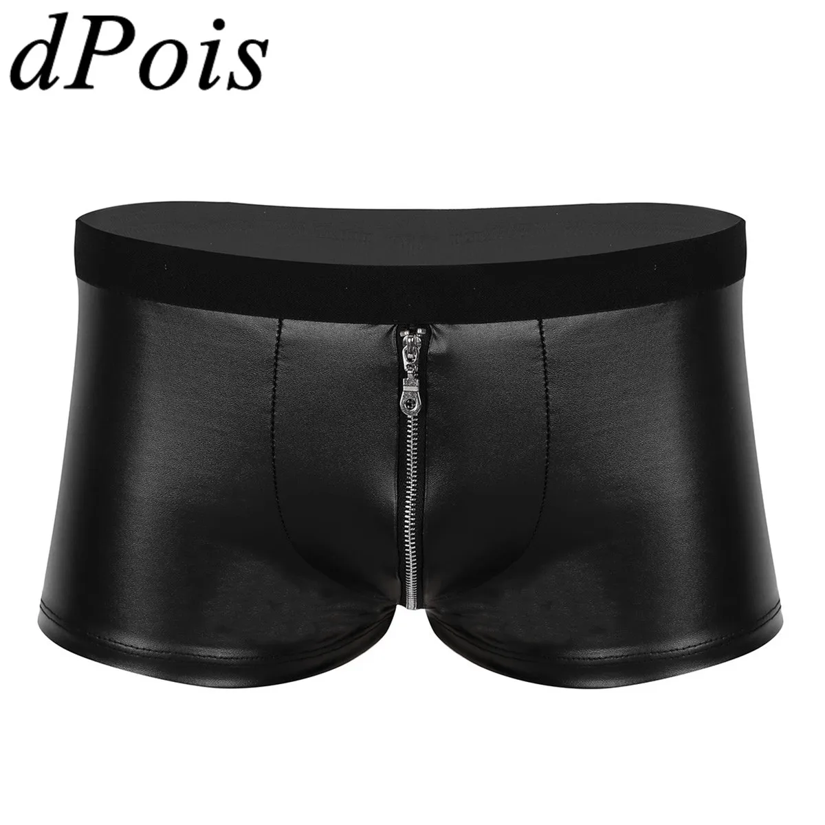 DPOIS Men Wetlook Boxer in ecopelle per adulti pantaloni corti con cerniera nera Bulge Pouch Shorts Homme Carnival Party Clubwear