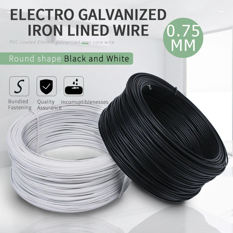 70Meters/lot 0.75MM Dia. Black and White Round PVC Coated Electro Galvanized Iron Lined Wire Cable tie wires