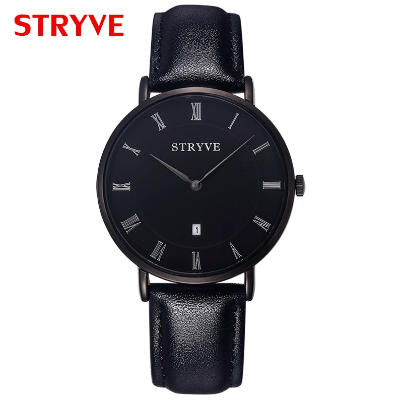 Minimalist Design Men Business Wrist Watches Black Leather Calendar Waterproof Stryve Quartz Men Fashion Watch Relojes Hombre