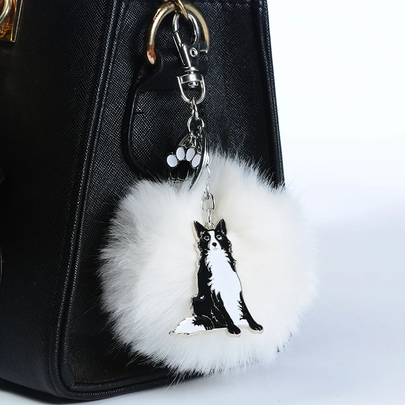 Rabbit Fur Pompom Border Collie Key Chains For Women Men Alloy Pom Pom Ball Dog Pendant Bag Charm Keyring Car Keychain Key Ring