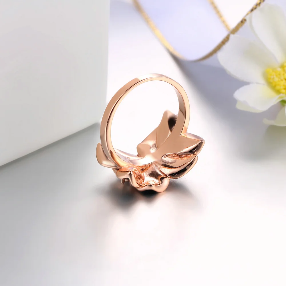 Double Fair Brand Romantic Leaf Black Drip oil Ring Rose Gold Color Vintage Fashion Jewelry For Women DFR678 DFR679