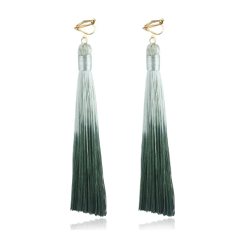 13 color New Trendy Gradient Color Long Tassel Clip on Earrings For Women handmade Thread Earring Wholesale Statement Jewelry