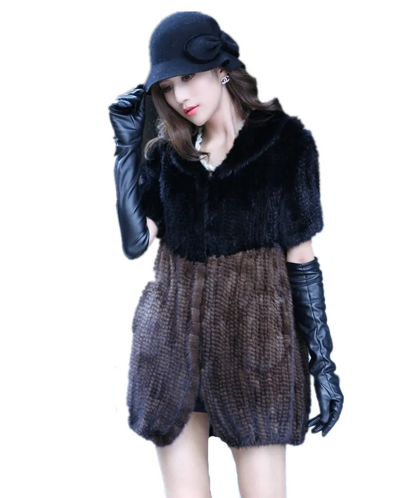 New women coat with genuine mink fur hand knitted warm autumn winter with pocket two-color casual 80cm long fur vest K151