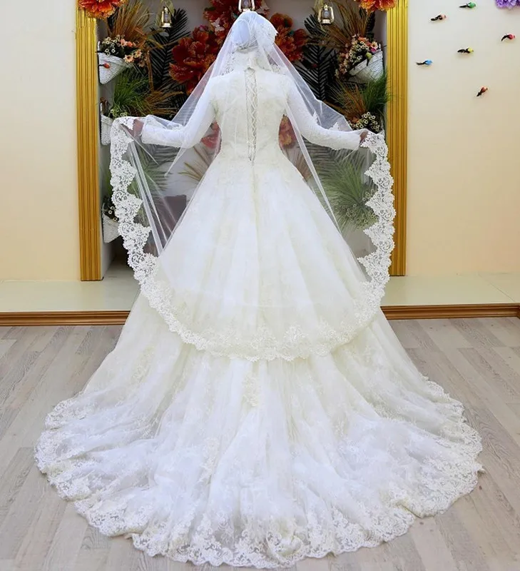 Vestidos de novia de encaje de manga larga, vestidos musulmanes de cuello alto, apliques de lujo para boda, vestidos de novia de diseño árabe saudita