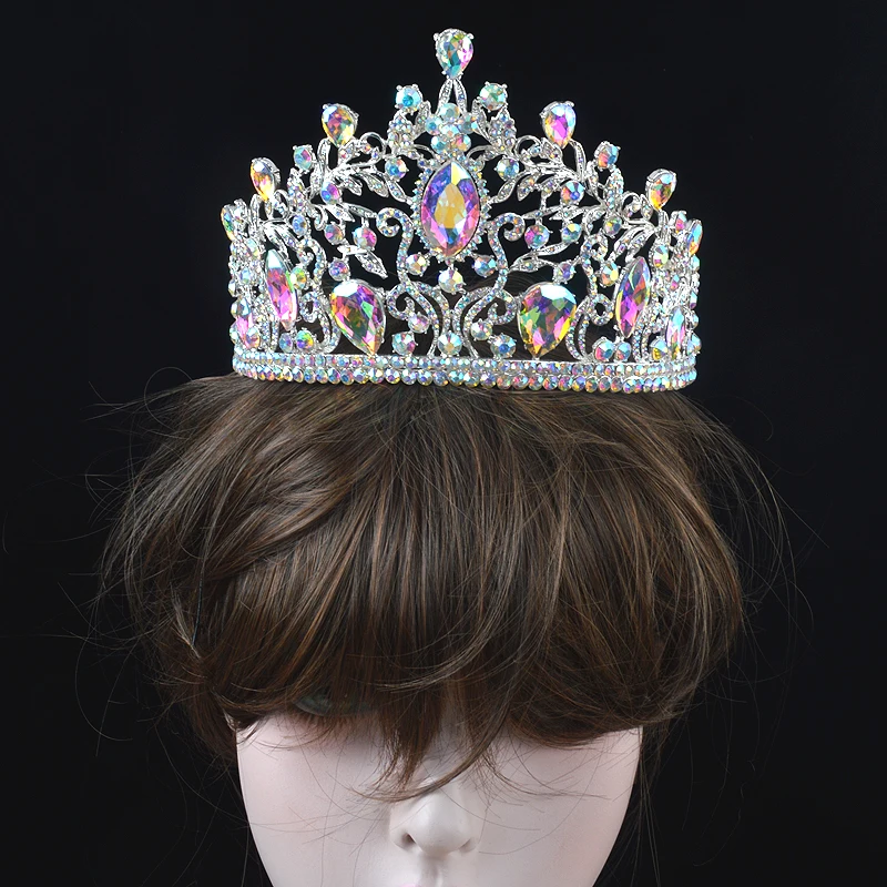 Luxury Vintage AB Color Wedding Big Crown Alloy Bridal Tiara Baroque Queen  Marquise Rhinestone Half Round Headpiece Party  Comb