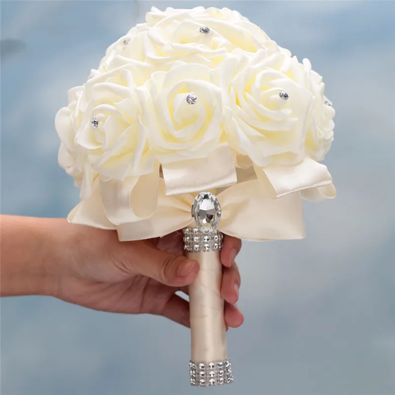 In Voorraad Pure White Diamond Lint Boeket Pe Bloem Schuim Bruidsboeket Ivory Cream Pe Rose De Mariage Wedding BouquetsW2018