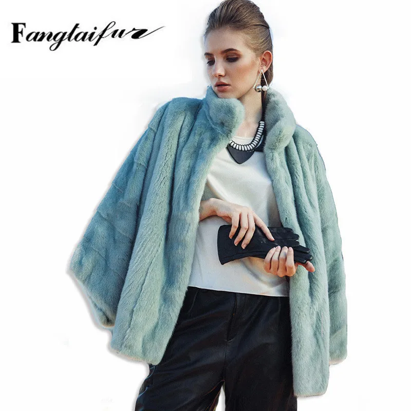 

Ftangaiur Winter Import Velvet Mink Fur Coat Mandarin Collar Batwing Sleeve Mink Coat Women Medium Real Mink Fur Coats