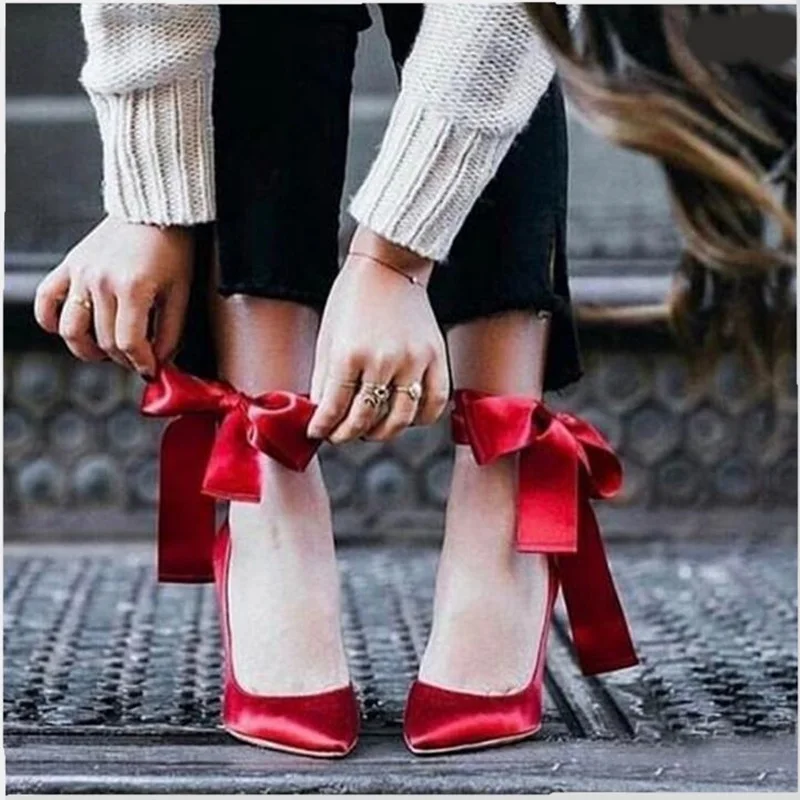 

Woman big bowtie pumps sexy pointed toe stiletto shoes woman high heel plus size wedding shoes ankle strap pumps free ship