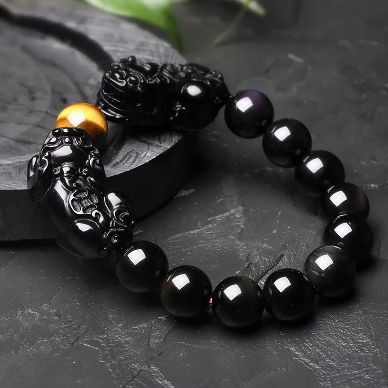 Natural Obsidian with Tiger eye Beads Bracelet Gold Color Charm Bracelet  PIXIU Lucky Brave Jewelry Women Men Energy Jewelry