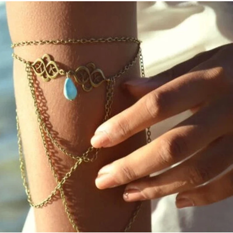 Bohemian Arm Chain Shoulder Bracelet Women Vintage Jewelry Gothic Teardrop Tassel Upper Beach Arm Bracelet Harness Shellhard