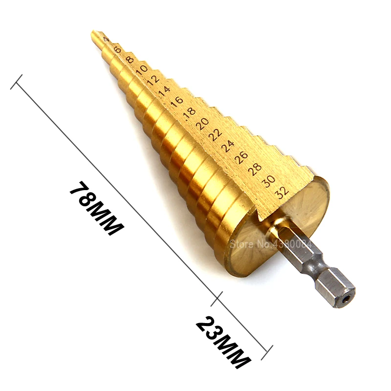 1Pc 4-32MM Titanium Coating HSS Step Drill Bit 1/4'' Hex Shank Cone Grooved Hole Cutter DIY Punching Power Tools