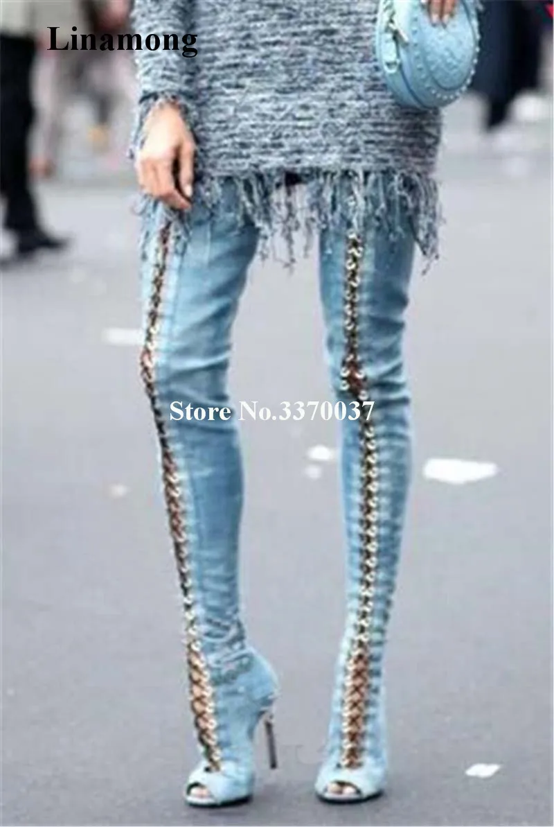 Ladies New Design Open Toe Lace-up Blue Denim Over Knee Gladiator Boots Charming Slim Style Thigh High Heel Boots Sexy Shoes