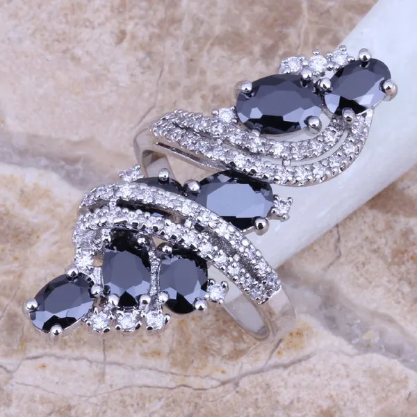 Black Cubic Zirconia White CZ Silver Plated Ring Size 5 / 6 / 7 / 8 / 9 / 10 / 11 / 12 S0178