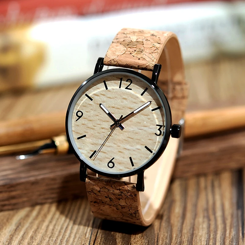 BOBO BIRD Mens Watches Wood Grain Dial Stainless Steel Case Quartz Watch with Soft Cork Bandfor Men as Gift Item