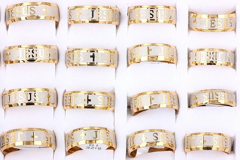 Wholesale Bulk Lots 6Pcs  8MM Golden I Love Jesus Cross Stainless Steel Ring Band Wedding Engagement Xmas Gift