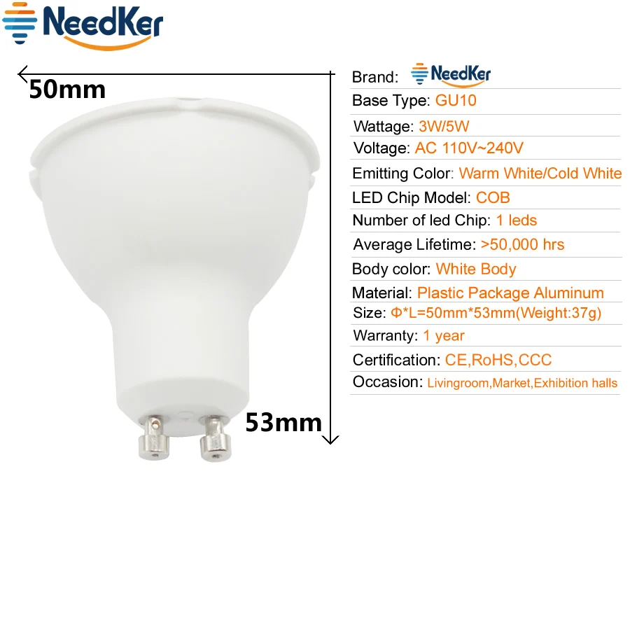 Dimmable GU10 LED Spotlight 3W 5W COB LED Light AC 110V 220V 240V Bulbs Indoor Lamps DownLights Aluminum+pc Home Lighting