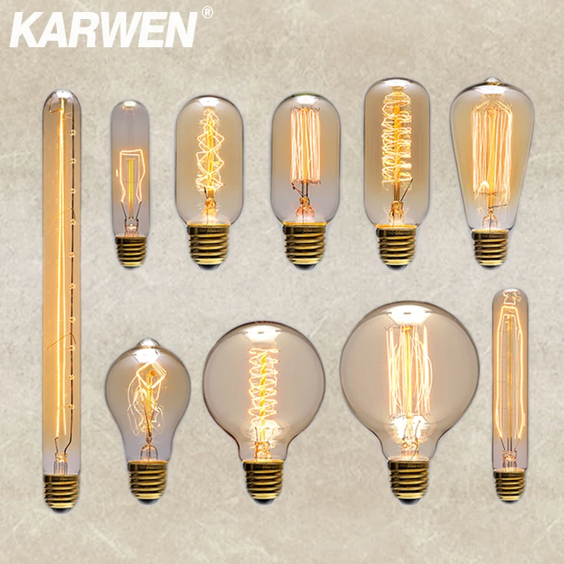 KARWEN Vintage Edison Bulb E27 Retro Lamp 220V 40W Ampoule Incandescent Light A19 ST64 T45 G80 G95 For Home Decor Creative Bulbs