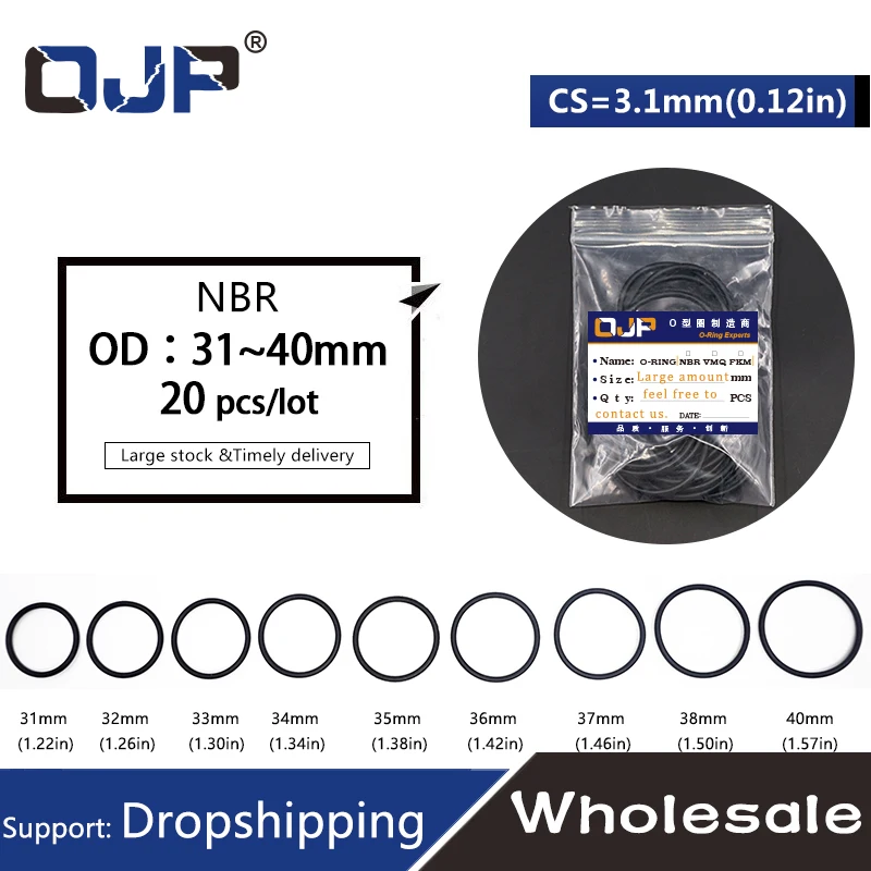 Joint torique d'étanchéité en Nitrile noir, 20 pièces/lot, joints d'étanchéité en caoutchouc NBR, cs3.1 mm OD31/32/33/34/35/36/37/38/39/40mm