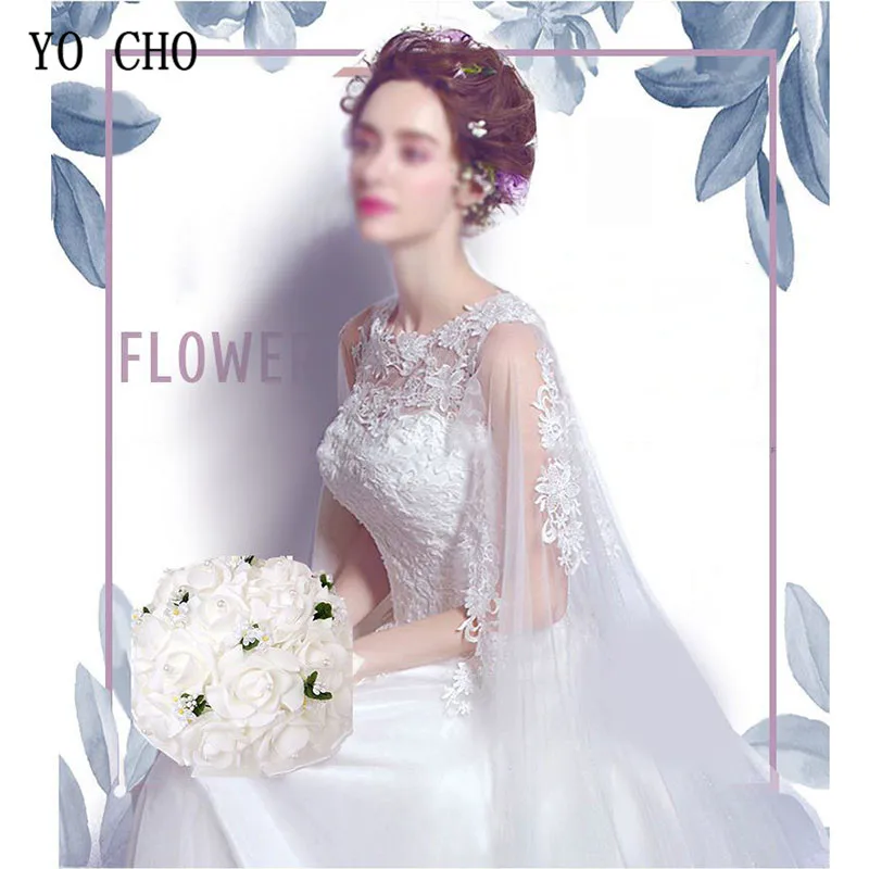 YO CHO Wedding Bridal Bouquet Foam Roses White Silk Wedding Bridesmaids Bouquets Artificial Flowers Marriage Supplies Bouquets