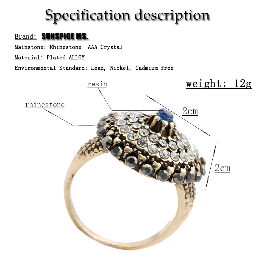 SUNSPICE MS. Luxury Turkish Full Rhinestone Ring Vintage Crystal Antique Rings For Women Gold Color Wedding Gift Indian Jewelry