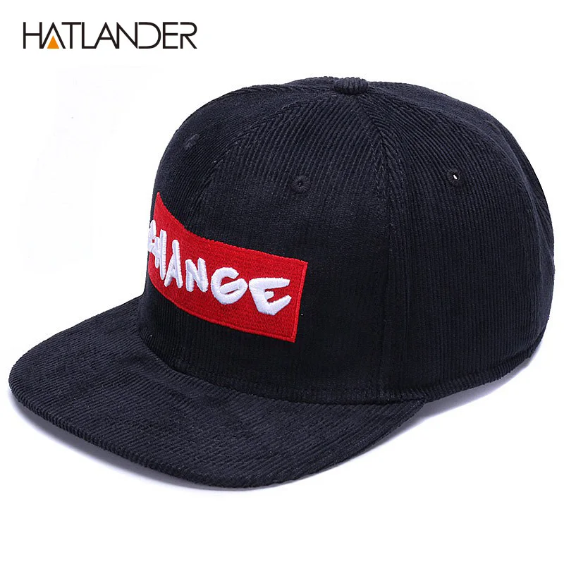 Hatlander-メンズコーデュロイベースボールキャップ,ブラック,オリジナル,刺繍文字付きスナップバック,スポーツ,ヒップホップ,フラットバイザー