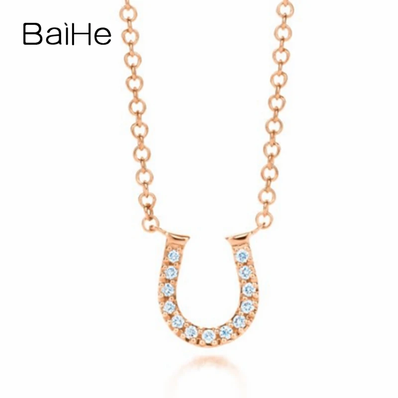 

BAIHE Solid 18K Rose Gold 0.04ct H/SI Natural Diamond U Letter Necklace Women Men Wedding Fine Jewelry Making U-bokstavshalsband