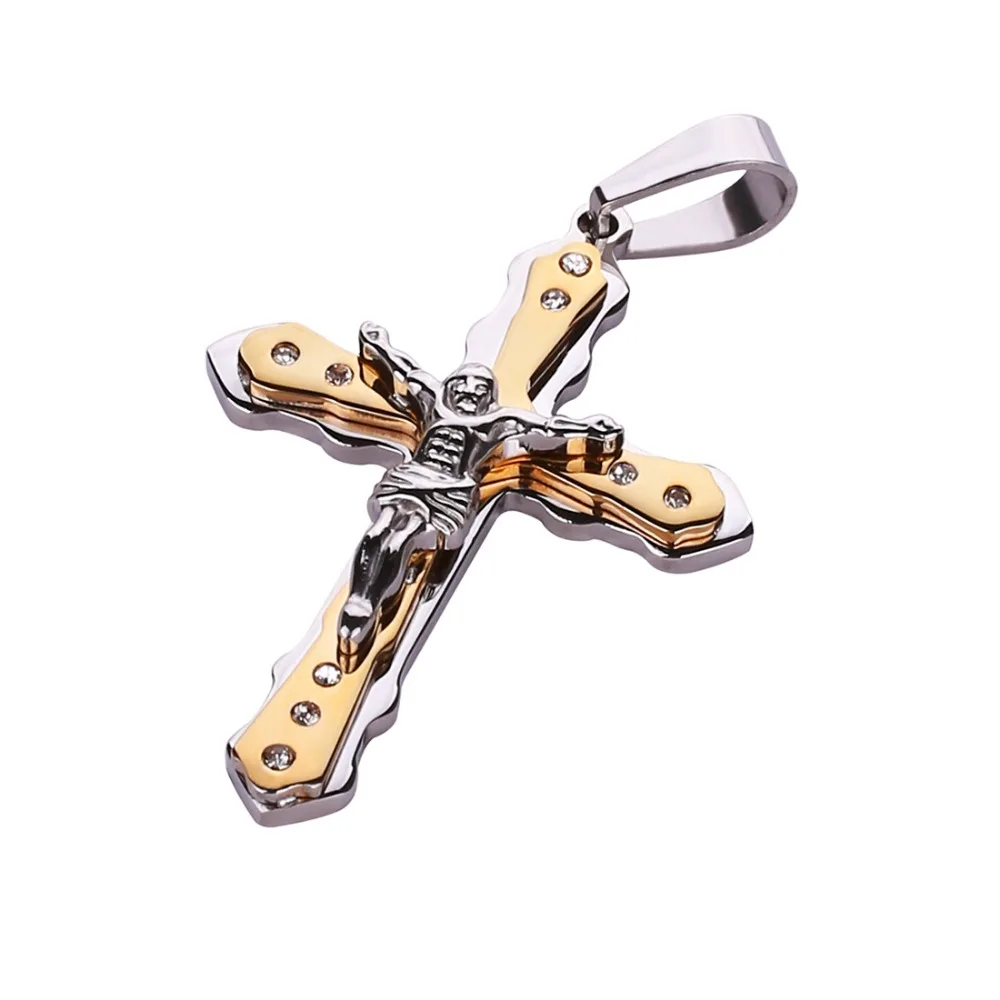 Christian Jesus Cross Crystal Pendant Necklaces Thick Link Byzantine Chain Stainless Steel Men Jewelry Colar Gift