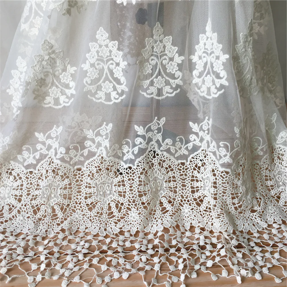 

Vintage Floral Ecru Cotton Lace Fabric Embroidery Tulle Mesh Lace Fabric Trim For Prom Dress, Costume Design, Home Decor