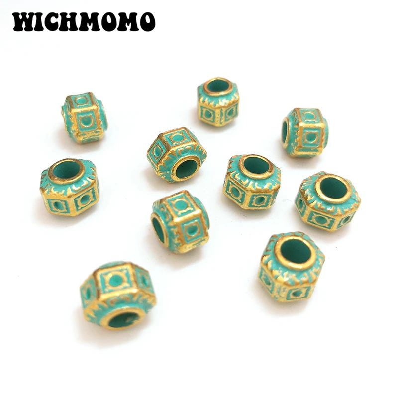 New 10pieces 10mm Retro Zinc Alloy Green Round Big Hole Polygon Interval Beads for DIY Bracelet Jewelry Accessories