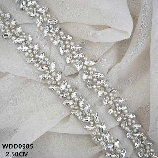 

(10 yards) Wholesale bridal hand beaded sewing silver crystal rhinestone applique trim iron on for wedding dress WDD0905