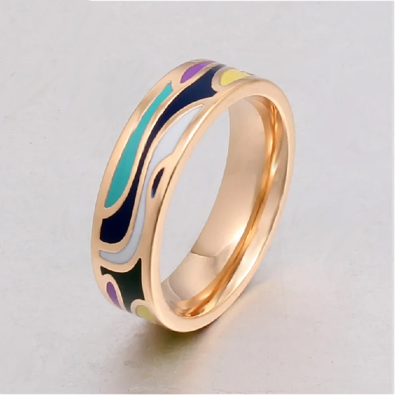 Fine Stainless Steel Rings 6mm Width Geometric Design Women Enamel Jewelry Retro Holiday Gift