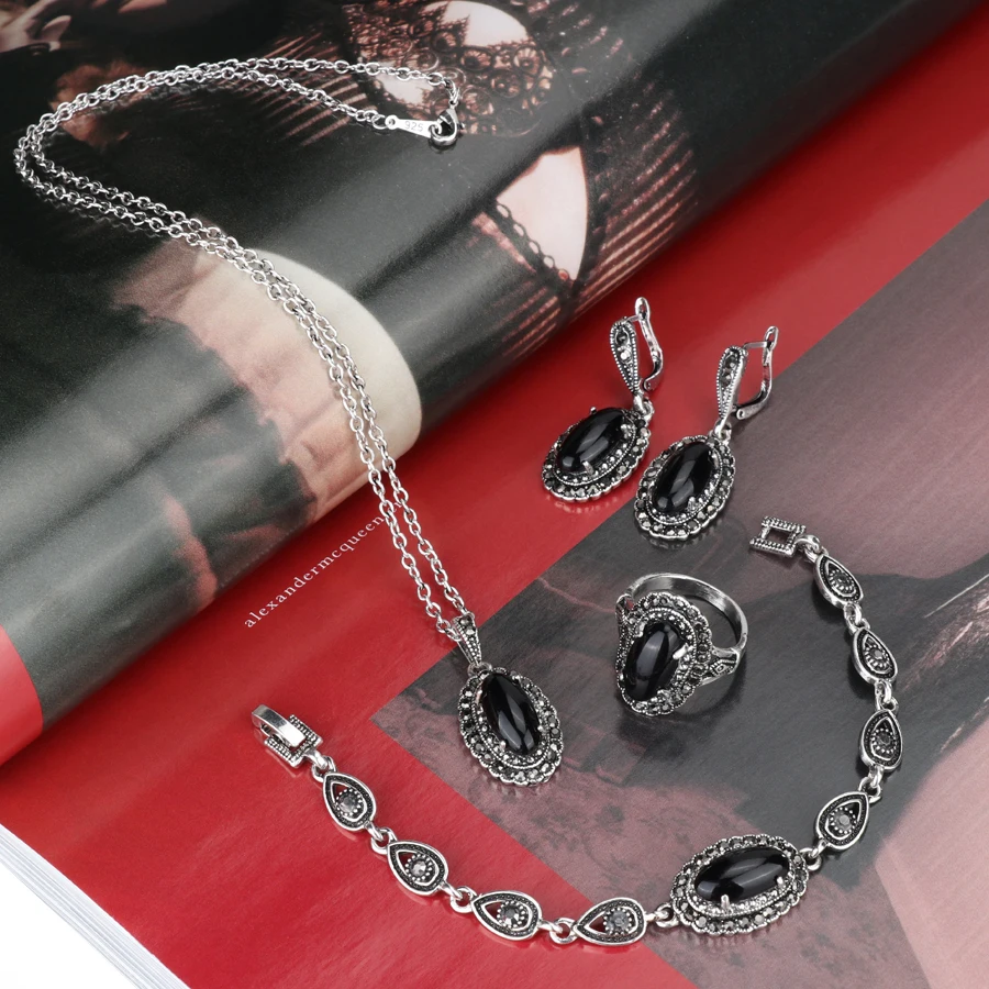 Kinel New 4Pcs Retro Jewelry Sets Black Pendant Necklace And Earring Bracelet Ring For Women Fashion Jewelry Set Gift