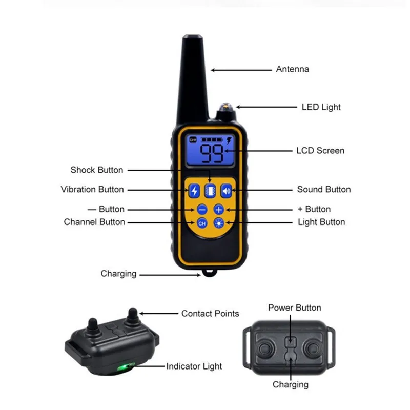 Collare di addestramento per cani telecomando Shock Vibration Sound collare per cani antiabbaio spina elettrica ricaricabile EU 500m 800m 1000m