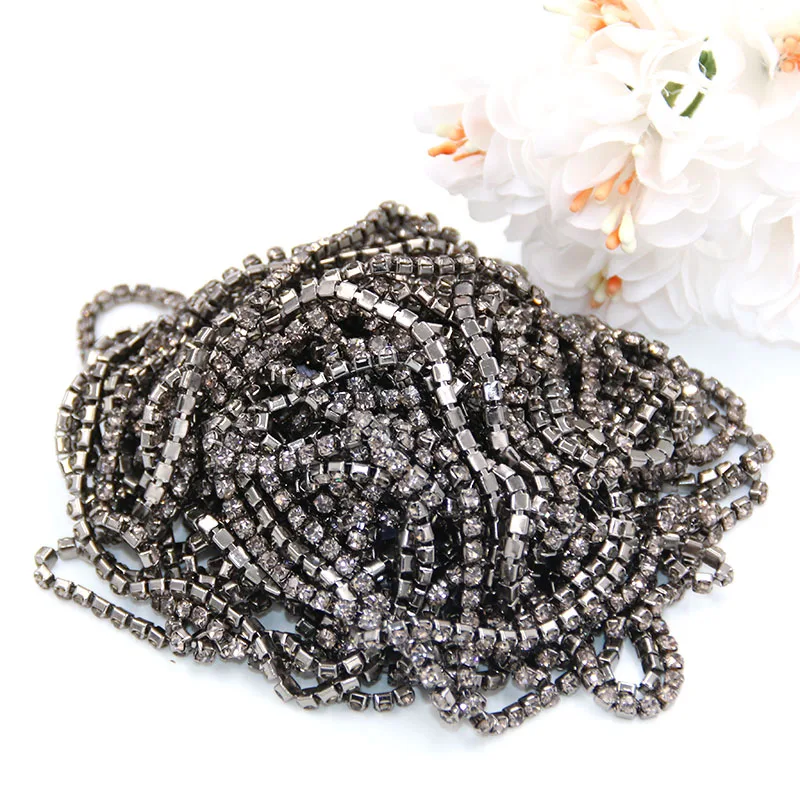 Free shipping 5yard/pack High quality Metal black base Gray glass Rhinestones Cup Chain DIY Wedding decoration Accessories