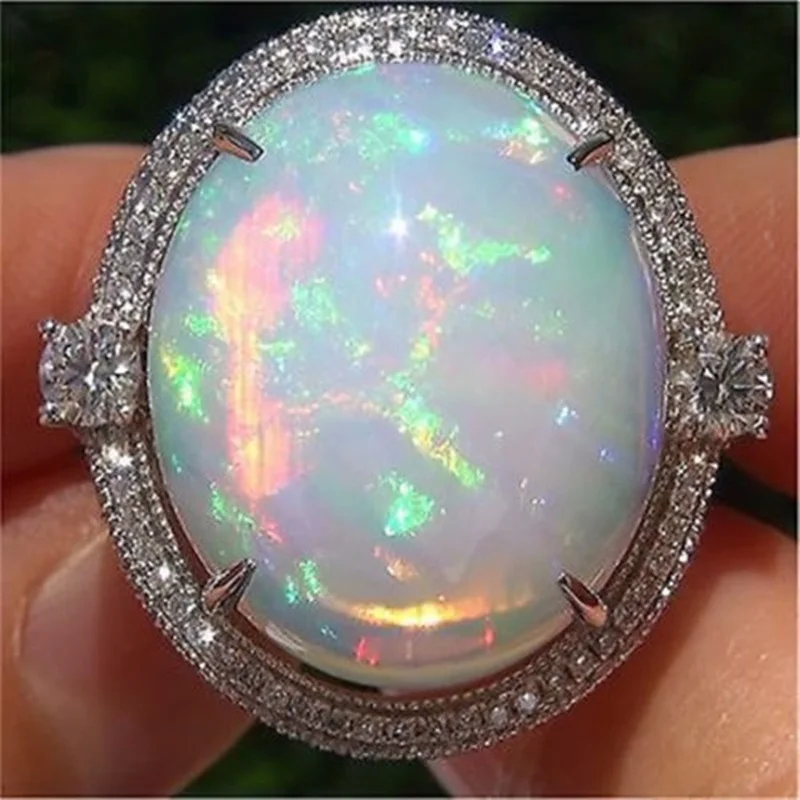 OMHXZJ Wholesale European Fashion Woman Man Party Wedding Gift White Round Opal AAA Zircon 925 Sterling Silver Ring RR87