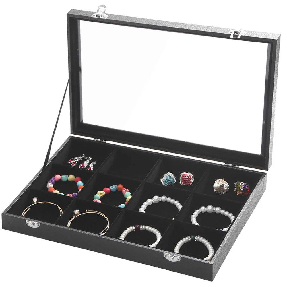 SZanbana Glass lid 12 Grid Jewelry Tray Ring Organizer Earring Necklace Bracelet Brooch Button Showcase Storage Lockable Box