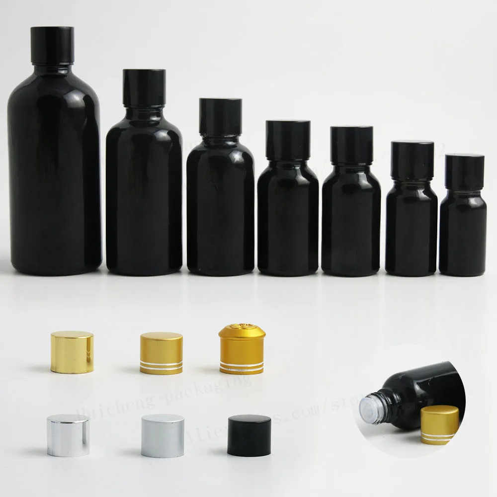 

12 x Promotion 5m 10ml 15ml 20ml 1oz 50ml 100ml Shining Black Cosmetic Essential Perfume Oil Bottle With Aluminium Caps Lids