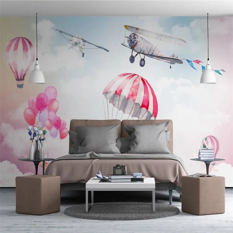 wellyu papel parede  Custom wallpaper Fresh, simple, colorful sky plane, hot air balloon, mural, TV background wall behang