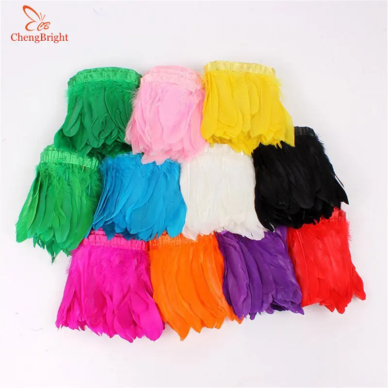 CHENGVRIGHT Wholesale Goose Feather Trims 10 Yards/Lot Dyed Geese Feather Ribbons 15-18cm Fringes Cloth Belt DIY Decorative