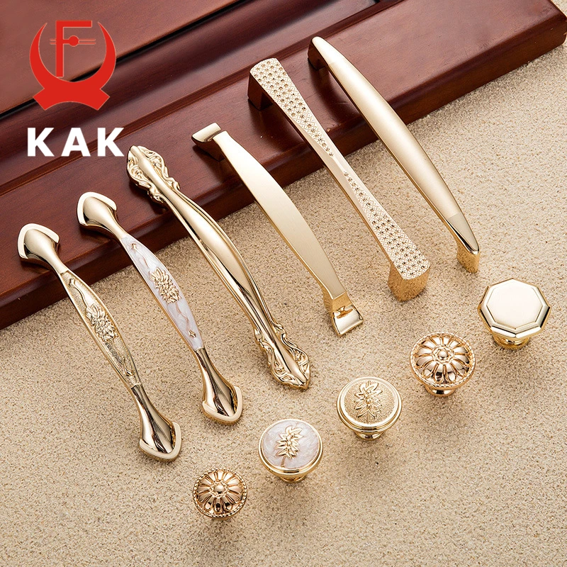 KAK 5 pieces Champagne Gold Door Handles Zinc Alloy Cabinet Handle Drawer Knobs European Wardrobe Pulls Kitchen Furniture Handle
