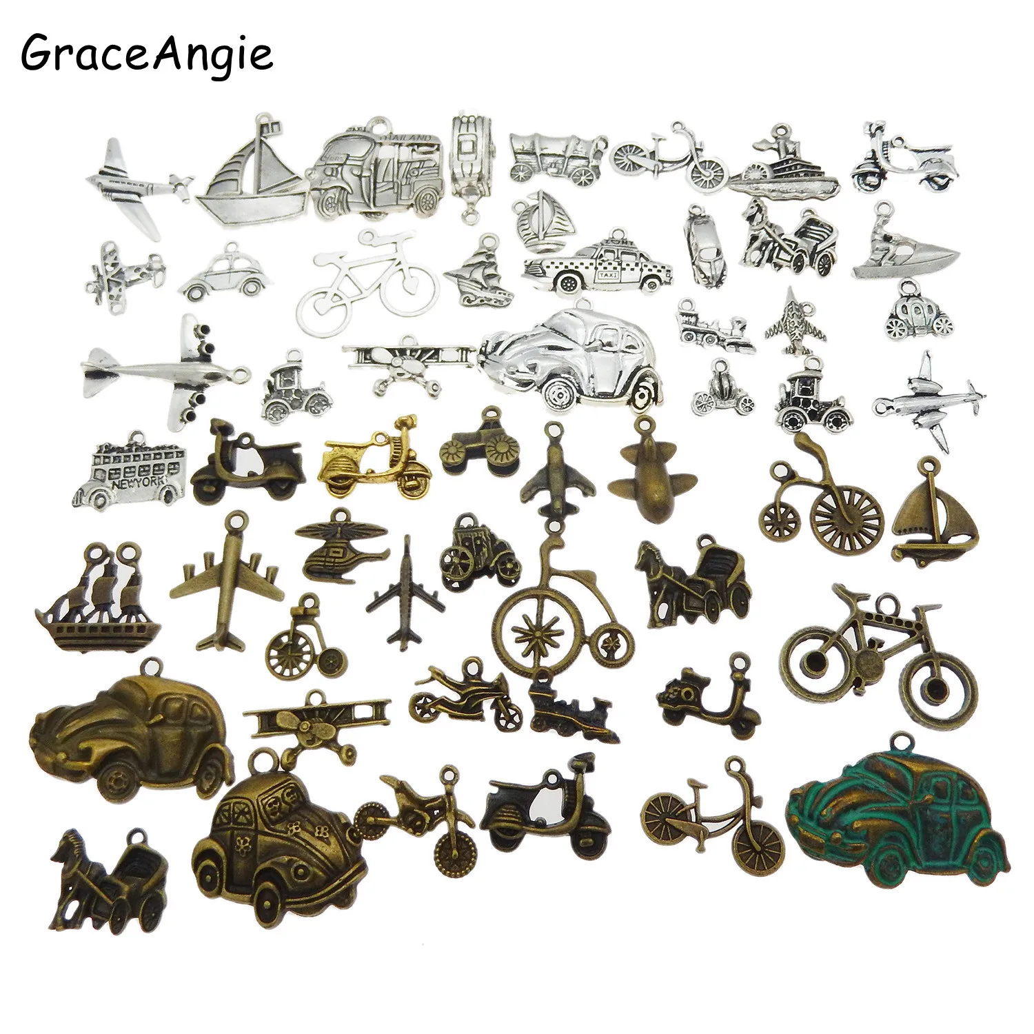 20pcs Mix Charms transport charms necklace Pendant Bronze patina bus Car Airplane Boat Motorcycle Bycycle Jewelry DIY