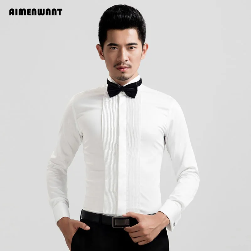 AIMENWANT 2024 Tuxedo Shirts Mens Korea Slim Fit Bow Tie Wedding Shirt White Business French-cuffed Shirt Dress Shirts