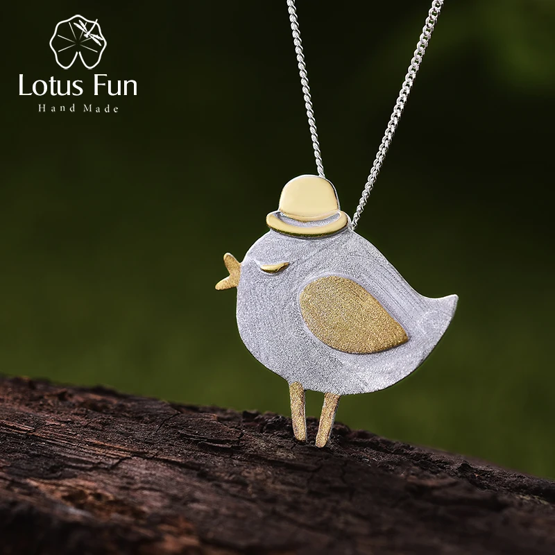 Lotus Fun Real 925 Sterling Silver Natural Handmade Fine Jewelry Lovely Gentleman Bird Pendant without Necklace for Women