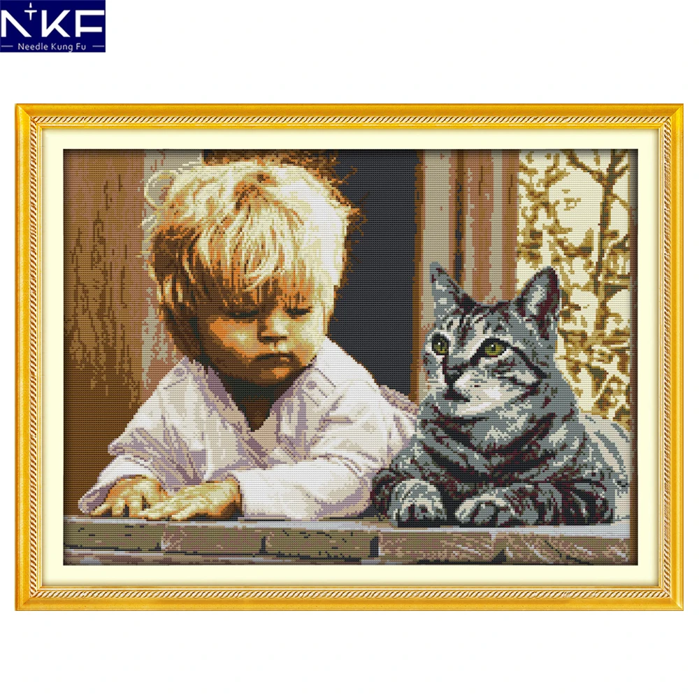 

NKF The Boy and Cat 14CT 11CT Stamped Counted Cross Stitch Kit Needlework Embroidery Cross Craft Cross Stitch for Home Decor