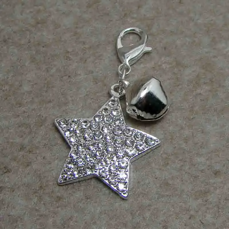 Crystals Metal Alloy Star Charm with Bell Pets Collar Ornament Pendant Jewelry Accessories with Lobster Claw Closure