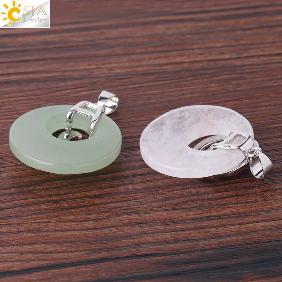 CSJA Natural Stone Crystal Pendants for Necklaces Hollow Round Spiral Amethyst Pink Quartz Sodalite Tiger Eye Aventurine F863