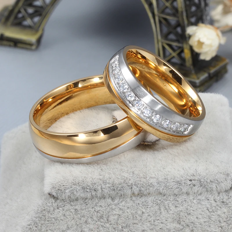 Vnox Wedding Ring for Women / Men Gold Color Love Engagement Couple Stainless Steel Lovers Jewlery Anniversary Gift US size