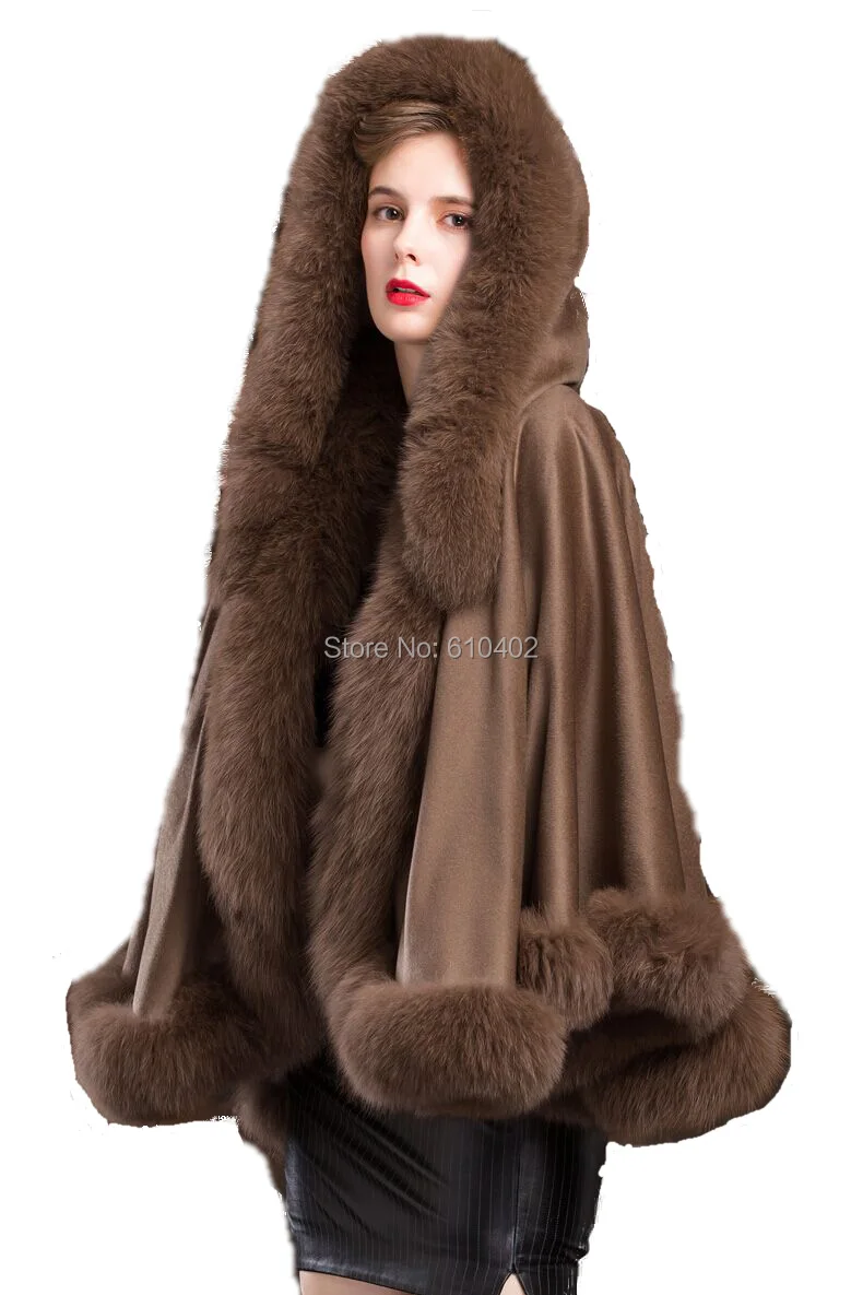 Women Noble Genuine  Real Cashmere Real Fox  Fur Poncho  With Cap 